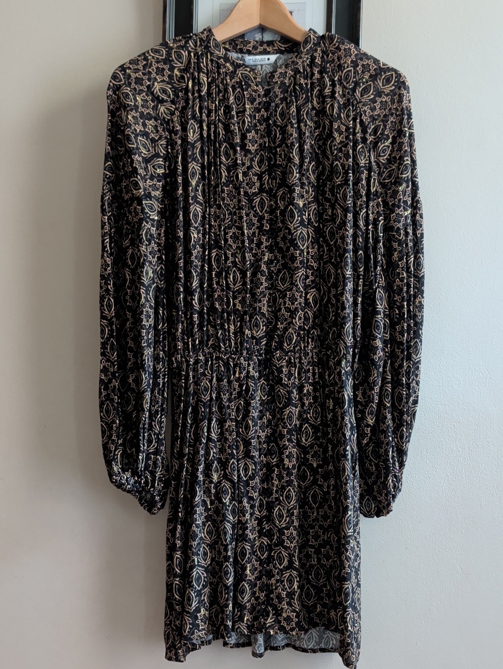 Zara Long Sleeve Black & Metallic Gold Printed Women’s Dress